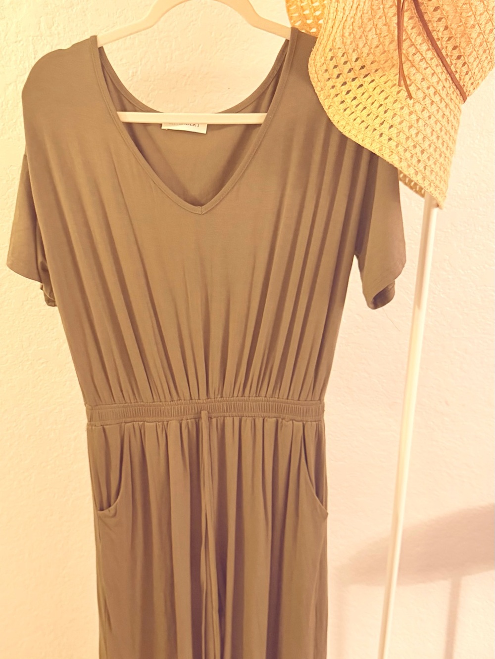 Everyday V-Neck Oversized Crop Wide Leg Jumpsuit in Olive Green